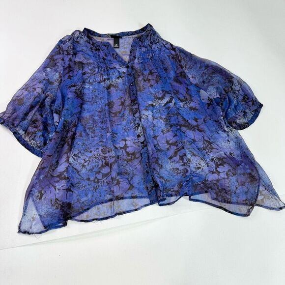 Maggie Barnes Top Womens 5X 34/36 Blue Floral Button-Front Blouse Clean Girl - Picture 1 of 10